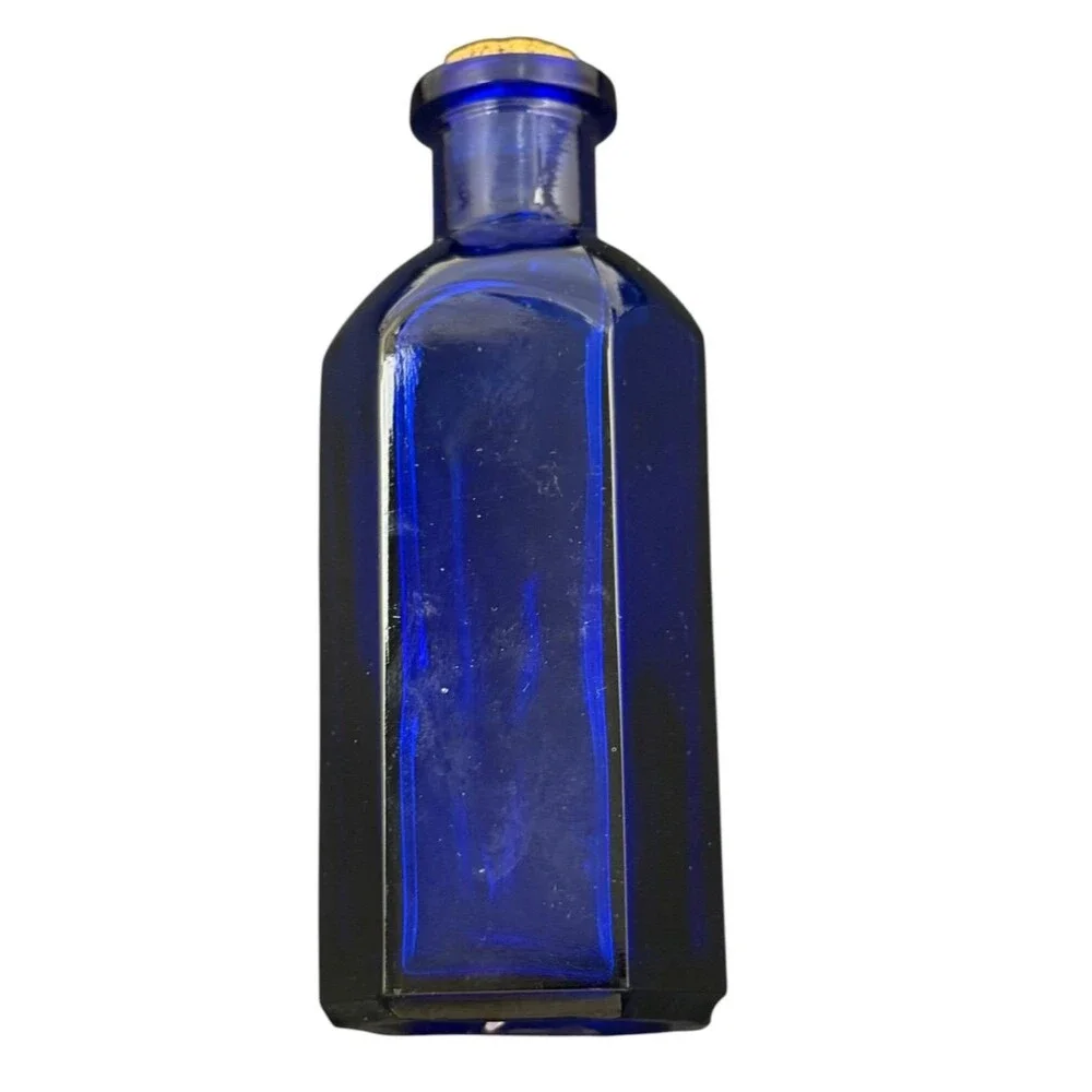Pier 1 Vintage Cobalt Blue Glass Bottle Faceted Cork Mid Century Mediterranean